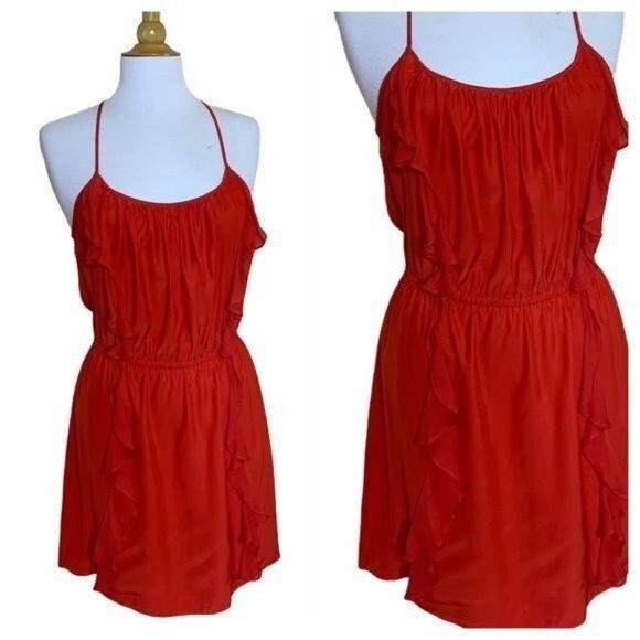 PARKER Red Silk Ruffled Racer Back Mini Dress - Medium - Picture 9 of 11
